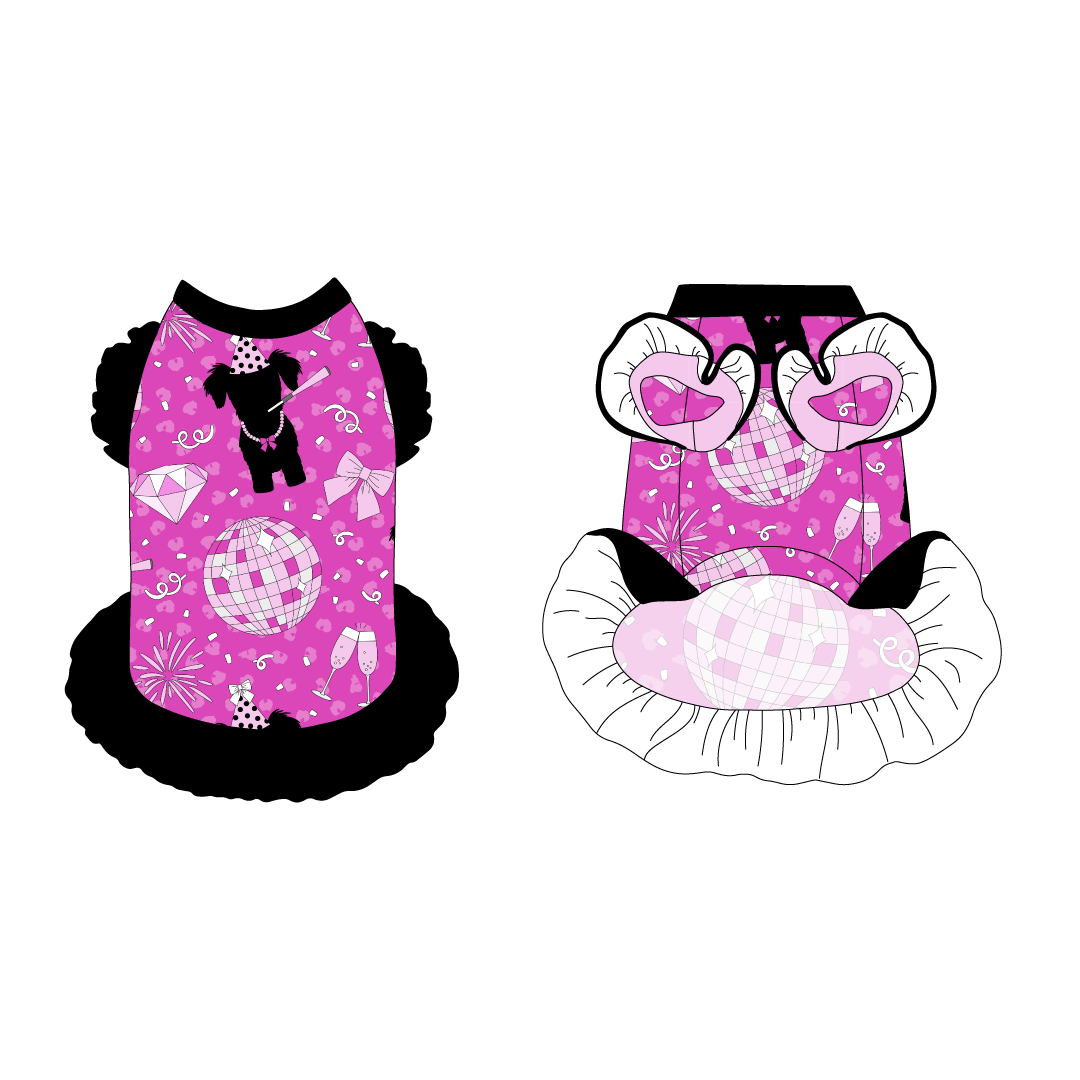 Dress with ruffle accents on the shoulders and girly ruffle skirt in a dog friendly pattern that shows a girl dog with hat and necklace, along with a mirror ball, champagne glasses, fireworks and confetti on a magenta cheetah print background. It's complete with black trim on the neck and ruffles, as well as a coordinating trim under the shoulder ruffles in light pink.