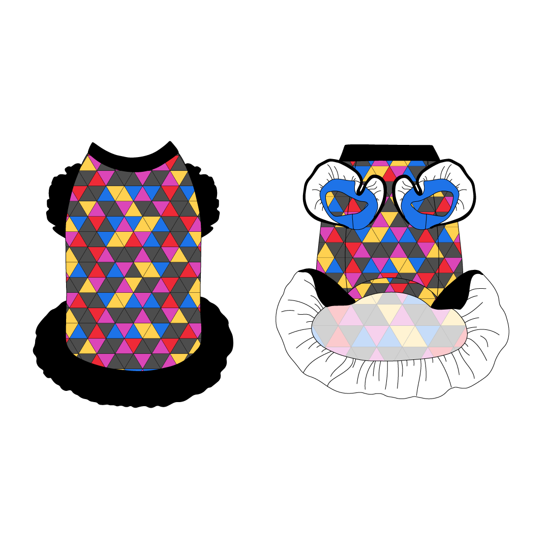 Dress with ruffle accents on the shoulders and girly ruffle skirt in a dog friendly pattern that shows a girl dog with hat and necklace, along with a mirror ball, champagne glasses, fireworks and confetti on a magenta cheetah print background. It's complete with black trim on the neck and ruffles, as well as a coordinating trim under the shoulder ruffles in blue.