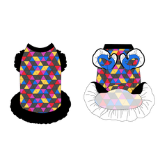 Dress with ruffle accents on the shoulders and girly ruffle skirt in a dog friendly pattern that shows a girl dog with hat and necklace, along with a mirror ball, champagne glasses, fireworks and confetti on a magenta cheetah print background. It's complete with black trim on the neck and ruffles, as well as a coordinating trim under the shoulder ruffles in blue.