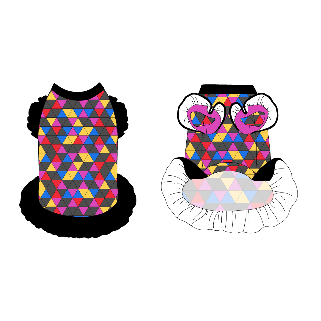 Dress with ruffle accents on the shoulders and girly ruffle skirt in a dog friendly pattern that shows a girl dog with hat and necklace, along with a mirror ball, champagne glasses, fireworks and confetti on a magenta cheetah print background. It's complete with black trim on the neck and ruffles, as well as a coordinating trim under the shoulder ruffles in magenta.