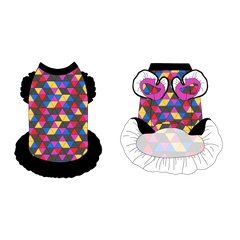 Dress with ruffle accents on the shoulders and girly ruffle skirt in a dog friendly pattern that shows a girl dog with hat and necklace, along with a mirror ball, champagne glasses, fireworks and confetti on a magenta cheetah print background. It's complete with black trim on the neck and ruffles, as well as a coordinating trim under the shoulder ruffles in magenta.