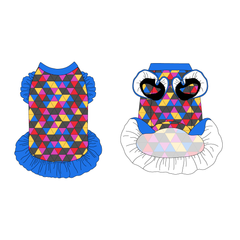 Dress with ruffle accents on the shoulders and girly ruffle skirt in a dog friendly pattern that shows a girl dog with hat and necklace, along with a mirror ball, champagne glasses, fireworks and confetti on a magenta cheetah print background. It's complete with blue trim on the neck and ruffles, as well as a coordinating trim under the shoulder ruffles in black.