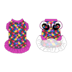 Dress with ruffle accents on the shoulders and girly ruffle skirt in a dog friendly pattern that shows a girl dog with hat and necklace, along with a mirror ball, champagne glasses, fireworks and confetti on a magenta cheetah print background. It's complete with magenta trim on the neck and ruffles, as well as a coordinating trim under the shoulder ruffles in black.