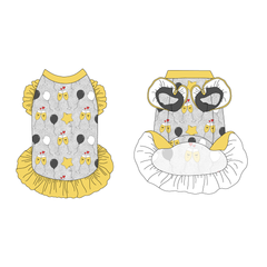 Dress with ruffle accents on the shoulders and girly ruffle skirt in a dog friendly pattern that shows two happy champagne glasses making a toast with hearts overhead, gold star balloons and traditional balloons in white and gray on a silver sparkle background.  It's complete with gold trim on the neck and ruffles, as well as a coordinating trim under the shoulder ruffles in gray.