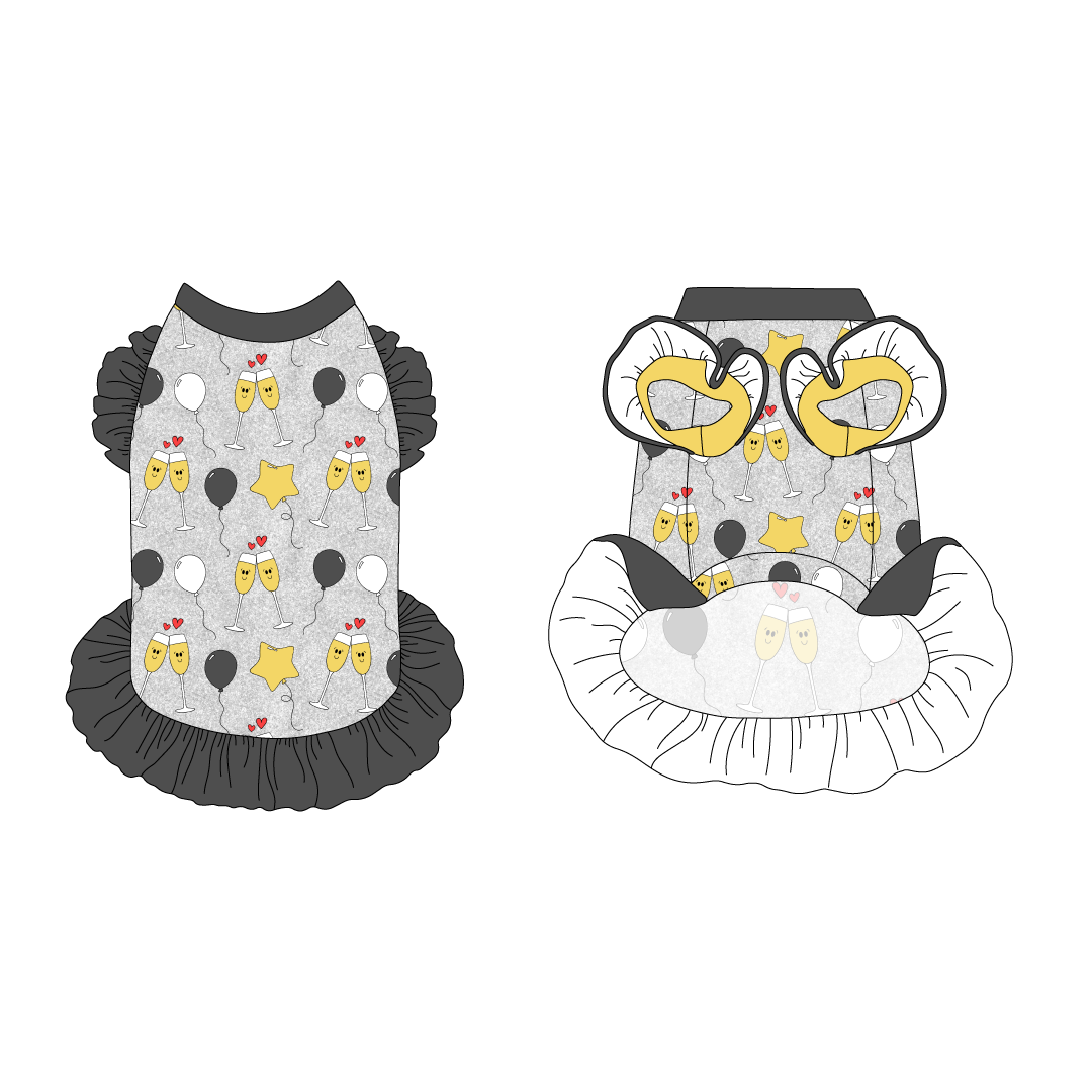 Dress with ruffle accents on the shoulders and girly ruffle skirt in a dog friendly pattern that shows two happy champagne glasses making a toast with hearts overhead, gold star balloons and traditional balloons in white and gray on a silver sparkle background.  It's complete with gray trim on the neck and ruffles, as well as a coordinating trim under the shoulder ruffles in gold.