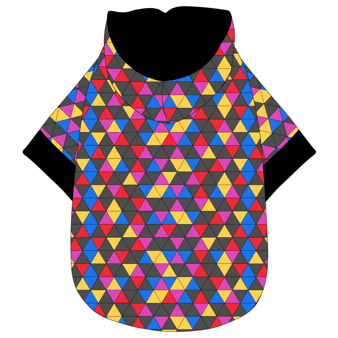 Hoodie in a dog friendly pattern that shows a colorful geometric design that looks like the New Years Eve ball that drops in Times Square. It's complete with a hood lined in solid black. Black trim is also on the waist and sleeves.