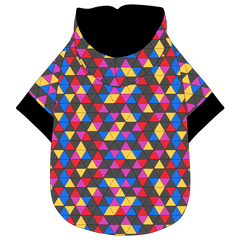 Hoodie in a dog friendly pattern that shows a colorful geometric design that looks like the New Years Eve ball that drops in Times Square. It's complete with a hood lined in solid black. Black trim is also on the waist and sleeves.