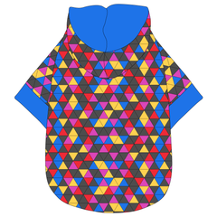 Hoodie in a dog friendly pattern that shows a colorful geometric design that looks like the New Years Eve ball that drops in Times Square. It's complete with a hood lined in solid blue. Blue trim is also on the waist and sleeves.