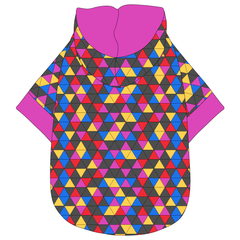 Hoodie in a dog friendly pattern that shows a colorful geometric design that looks like the New Years Eve ball that drops in Times Square. It's complete with a hood lined in solid magenta. Magenta trim is also on the waist and sleeves.