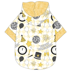 Hoodie in a dog friendly pattern that shows a mirror ball, top hat, champagne toast, balloons, clock striking midnight, banner reading Happy New Year and more on a light gold and white diamond background.  It's complete with a hood lined in gold sparkle. Gold sparkle trim is on the waist and sleeves