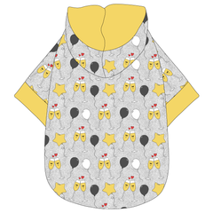 Hoodie in a dog friendly pattern that shows two happy champagne glasses making a toast with hearts overhead, gold star balloons and traditional balloons in white and gray on a silver sparkle background.  It's complete with a hood lined in gold. Gold trim is on the waist and sleeves