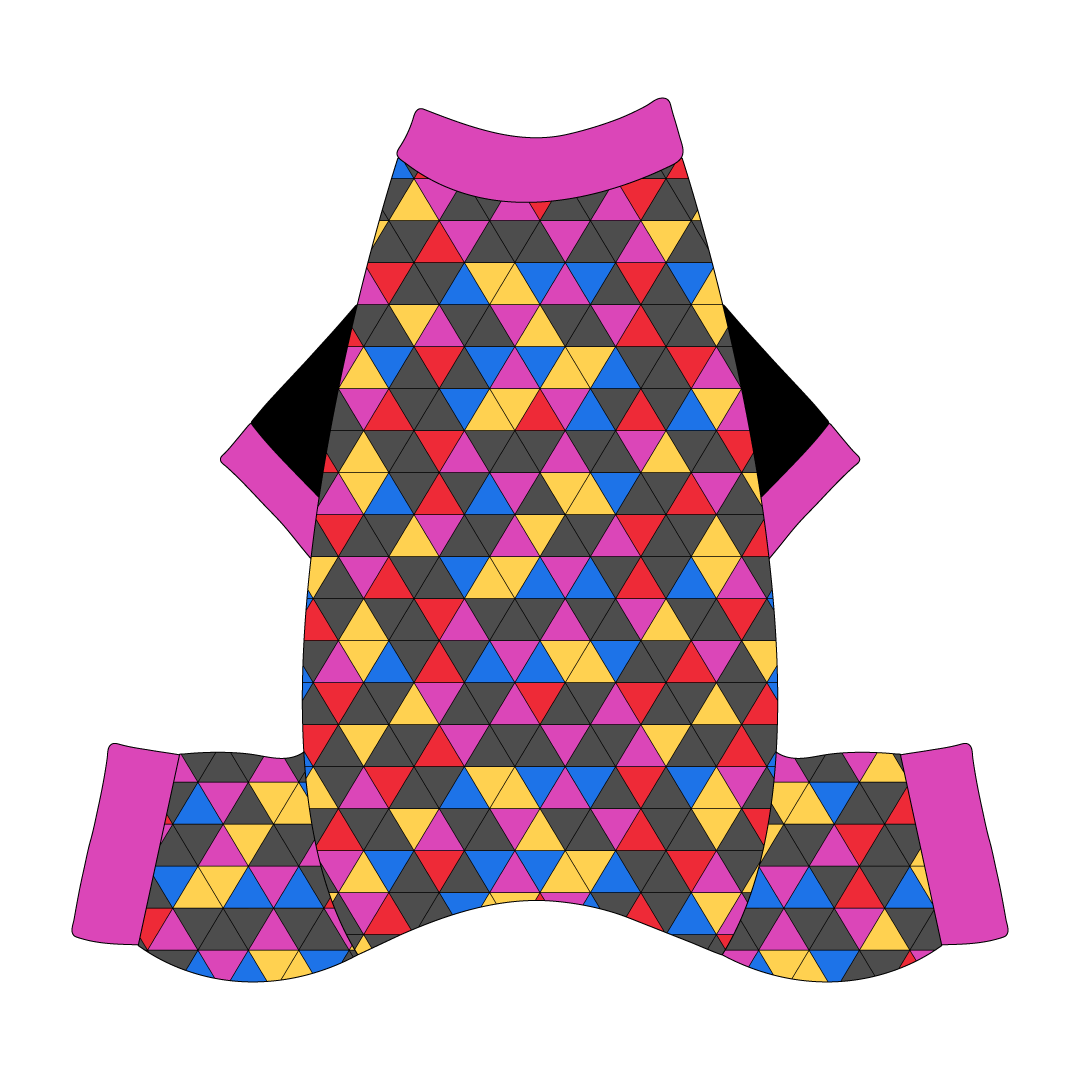 Comfy Christmas Pajamas with solid black sleeves and a dog friendly pattern that shows a colorful geometric design that looks like the New Years Eve ball that drops in Times Square. It's complete with magenta trim on the neck, sleeves and waist.