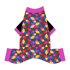 Comfy Christmas Pajamas with solid black sleeves and a dog friendly pattern that shows a colorful geometric design that looks like the New Years Eve ball that drops in Times Square. It's complete with magenta trim on the neck, sleeves and waist.