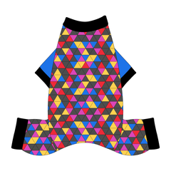 Comfy Christmas Pajamas with solid blue sleeves and a dog friendly pattern that shows a colorful geometric design that looks like the New Years Eve ball that drops in Times Square. It's complete with black trim on the neck, sleeves and waist.