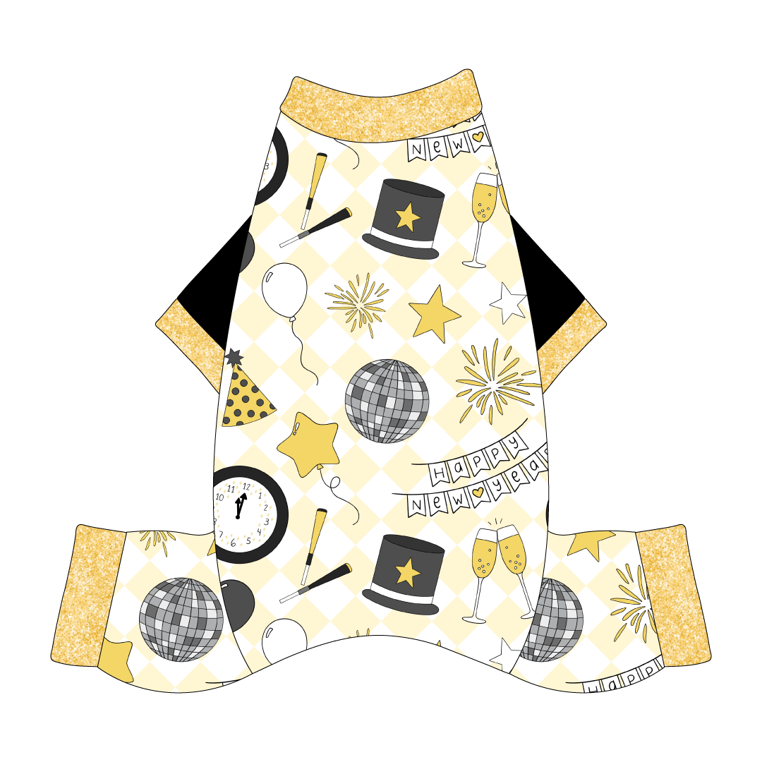 Comfy New Years Pajamas with solid black sleeves in a dog friendly pattern that shows a mirror ball, top hat, champagne toast, balloons, clock striking midnight, banner reading Happy New Year and more on a light gold and white diamond background.  It's complete with gold sparkle trim on the neck, sleeves and legs.