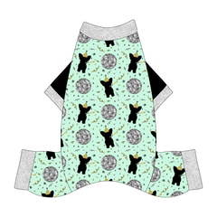 Comfy New Years Pajamas with solid black sleeves in a dog friendly pattern that shows a mirror ball, dog with a party blower and confetti on a light green background.  It's complete with silver sparkle trim on the neck, sleeves and legs.