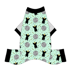 Comfy New Years Pajamas with silver sparkle sleeves in a dog friendly pattern that shows a mirror ball, dog with a party blower and confetti on a light green background.  It's complete with black trim on the neck, sleeves and legs.