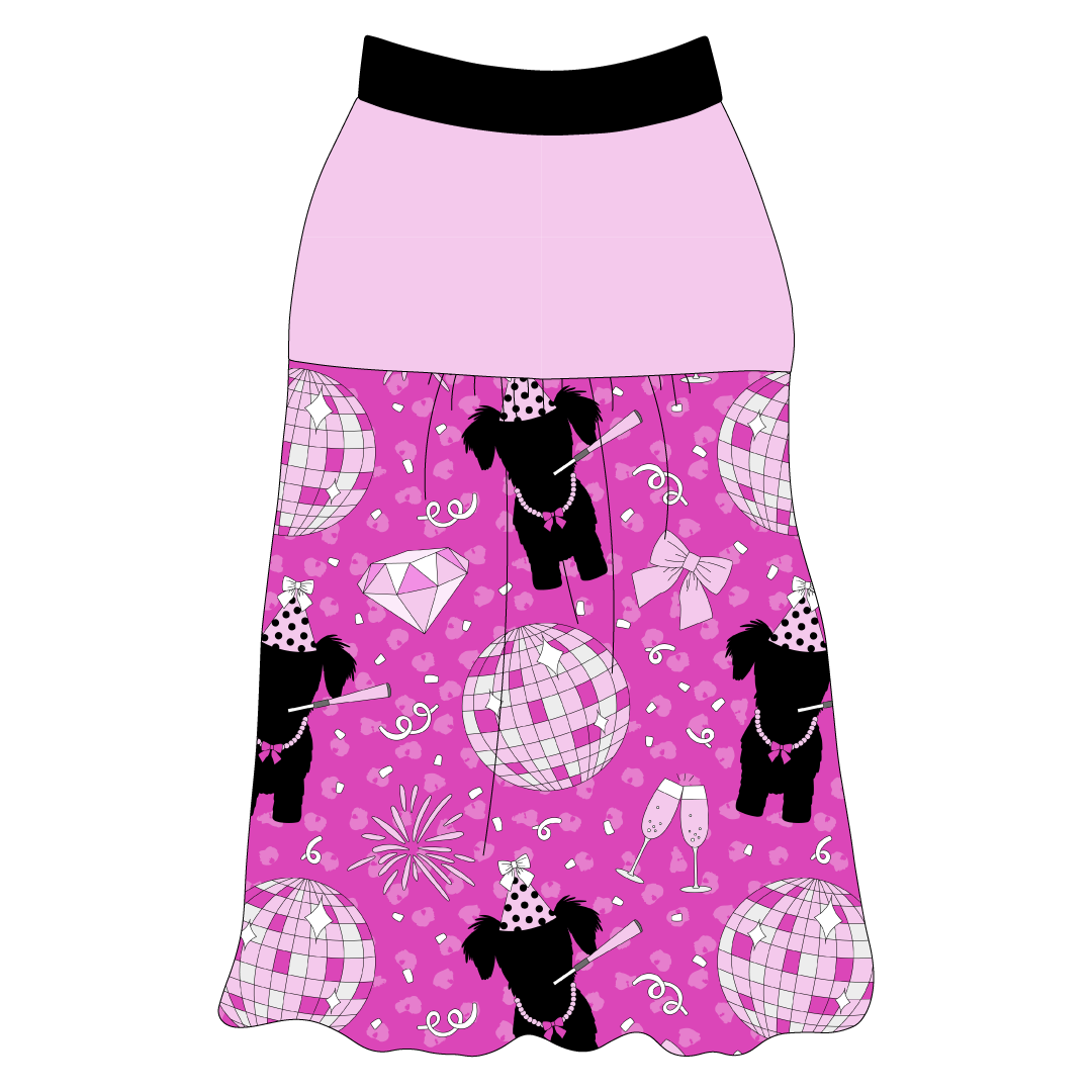 Tank style in a dog friendly pattern that shows a girl dog with hat and necklace, along with a mirror ball, champagne glasses, fireworks and confetti on a magenta cheetah print background. It's complete with solid light pink on the upper back and gathering at the yoke. Black trim is on the neck and shoulders.