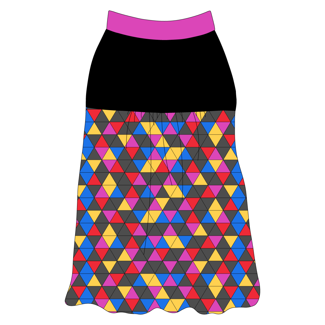 Tank style in a dog friendly pattern that shows a colorful geometric design that looks like the New Years Eve ball that drops in Times Square. It's complete with solid black on the upper back and gathering at the yoke. Magenta trim is on the neck and shoulders.