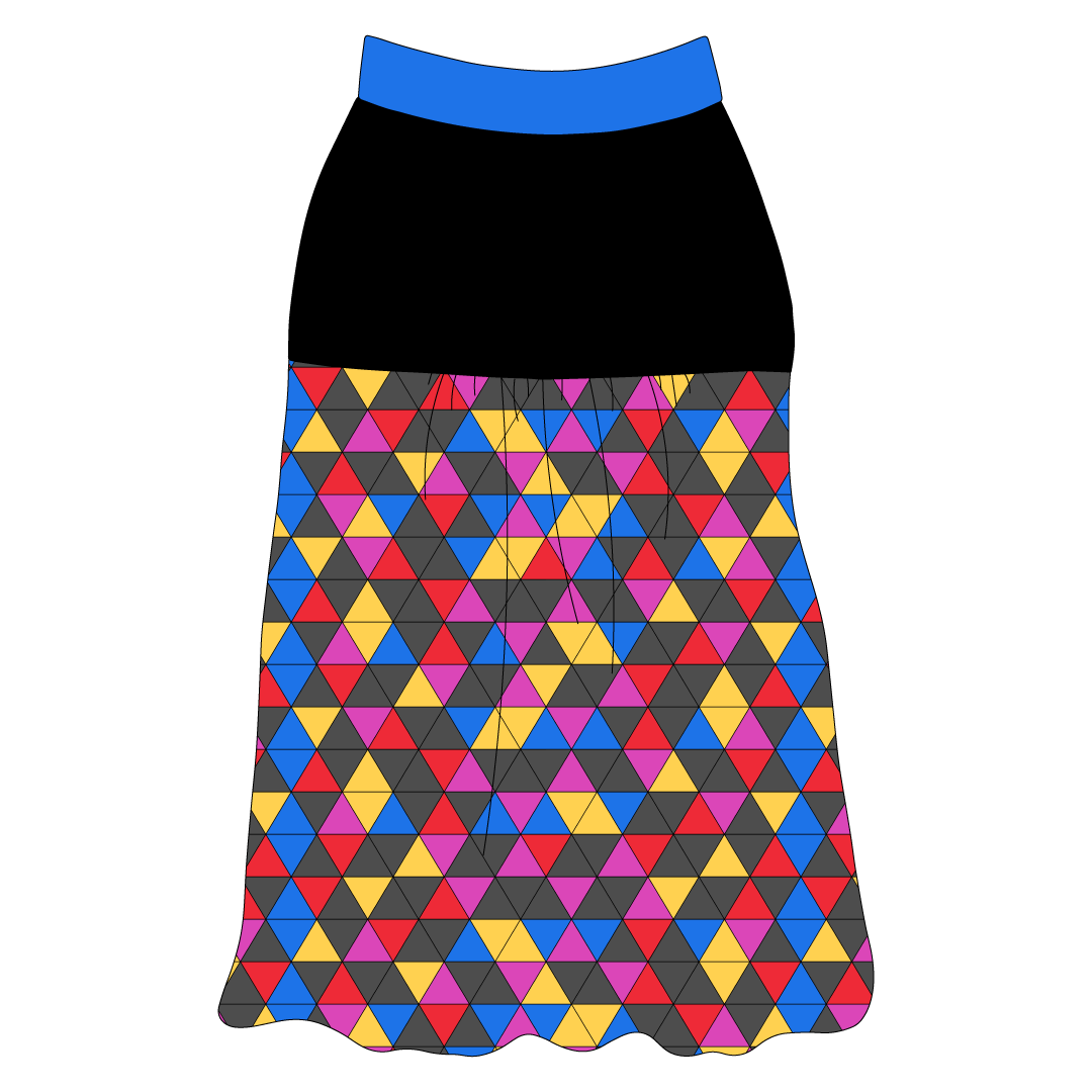 Tank style in a dog friendly pattern that shows a colorful geometric design that looks like the New Years Eve ball that drops in Times Square. It's complete with solid black on the upper back and gathering at the yoke. Blue trim is on the neck and shoulders.