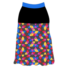 Tank style in a dog friendly pattern that shows a colorful geometric design that looks like the New Years Eve ball that drops in Times Square. It's complete with solid black on the upper back and gathering at the yoke. Blue trim is on the neck and shoulders.