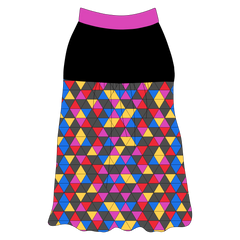 Tank style in a dog friendly pattern that shows a colorful geometric design that looks like the New Years Eve ball that drops in Times Square. It's complete with solid black on the upper back and gathering at the yoke. Magenta trim is on the neck and shoulders.