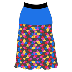 Tank style in a dog friendly pattern that shows a colorful geometric design that looks like the New Years Eve ball that drops in Times Square. It's complete with solid blue on the upper back and gathering at the yoke. Black trim is on the neck and shoulders.