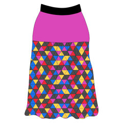 Tank style in a dog friendly pattern that shows a colorful geometric design that looks like the New Years Eve ball that drops in Times Square. It's complete with solid magenta on the upper back and gathering at the yoke. Black trim is on the neck and shoulders.