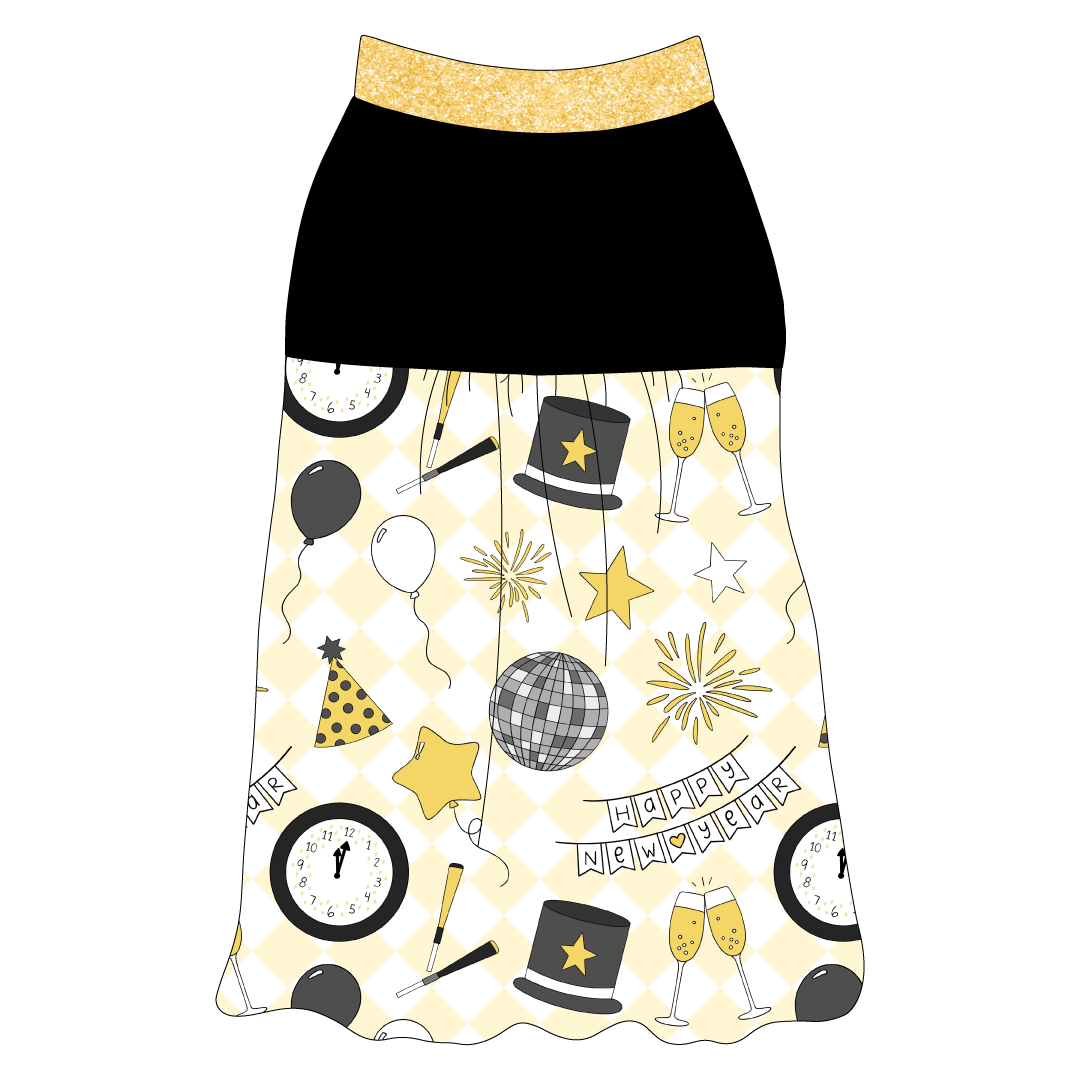 Tank style in a dog friendly pattern that shows a mirror ball, top hat, champagne toast, balloons, clock striking midnight, banner reading Happy New Year and more on a light gold and white diamond background.  It's complete with solid black on the upper back and gathering at the yoke. Gold sparkle trim is on the neck and shoulders.