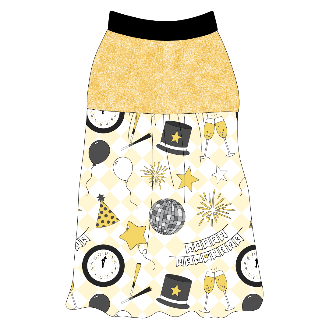 Tank style in a dog friendly pattern that shows a mirror ball, top hat, champagne toast, balloons, clock striking midnight, banner reading Happy New Year and more on a light gold and white diamond background.  It's complete with gold sparkle on the upper back and gathering at the yoke. Black trim is on the neck and shoulders.