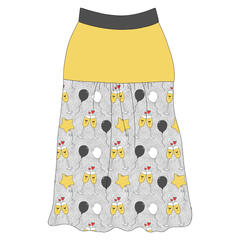 Tank style in a dog friendly pattern that shows two happy champagne glasses making a toast with hearts overhead, gold star balloons and traditional balloons in white and gray on a silver sparkle background.  It's complete with solid gold on the upper back and gathering at the yoke. Gray trim is on the neck and shoulders.