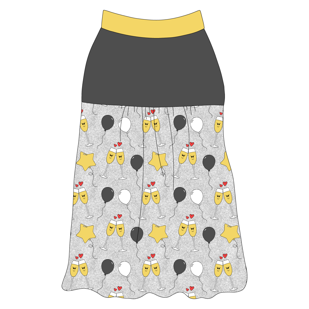 Tank style in a dog friendly pattern that shows two happy champagne glasses making a toast with hearts overhead, gold star balloons and traditional balloons in white and gray on a silver sparkle background.  It's complete with solid gray on the upper back and gathering at the yoke. Gold trim is on the neck and shoulders.