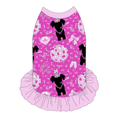 Dress style tank with a girly ruffle skirt in a dog friendly pattern that shows a girl dog with hat and necklace, along with a mirror ball, champagne glasses, fireworks and confetti on a magenta cheetah print background. It's complete with light pink trim on the neck, shoulders and ruffles.