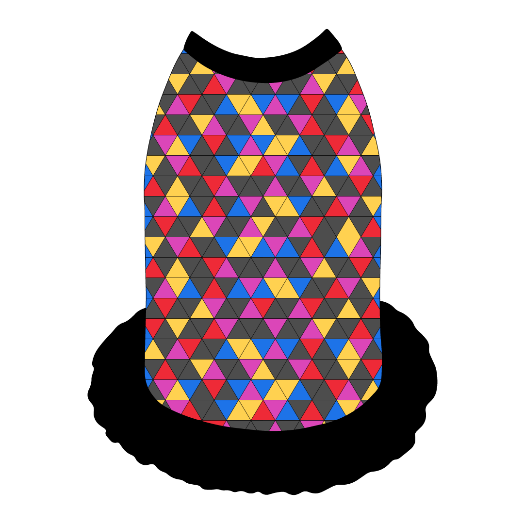 Dress style tank with a girly ruffle skirt in a dog friendly pattern that shows a colorful geometric design that looks like the New Years Eve ball that drops in Times Square. It's complete with black trim on the neck, shoulders and ruffles.