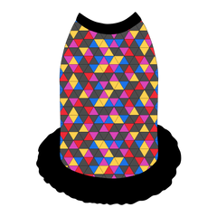 Dress style tank with a girly ruffle skirt in a dog friendly pattern that shows a colorful geometric design that looks like the New Years Eve ball that drops in Times Square. It's complete with black trim on the neck, shoulders and ruffles.