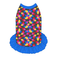 Dress style tank with a girly ruffle skirt in a dog friendly pattern that shows a colorful geometric design that looks like the New Years Eve ball that drops in Times Square. It's complete with blue trim on the neck, shoulders and ruffles.