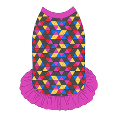 Dress style tank with a girly ruffle skirt in a dog friendly pattern that shows a colorful geometric design that looks like the New Years Eve ball that drops in Times Square. It's complete with magenta trim on the neck, shoulders and ruffles.