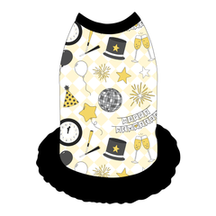 Dress style tank with a girly ruffle skirt in a dog friendly pattern that shows a mirror ball, top hat, champagne toast, balloons, clock striking midnight, banner reading Happy New Year and more on a light gold and white diamond background.  It's complete with black trim on the neck, shoulders and ruffles.