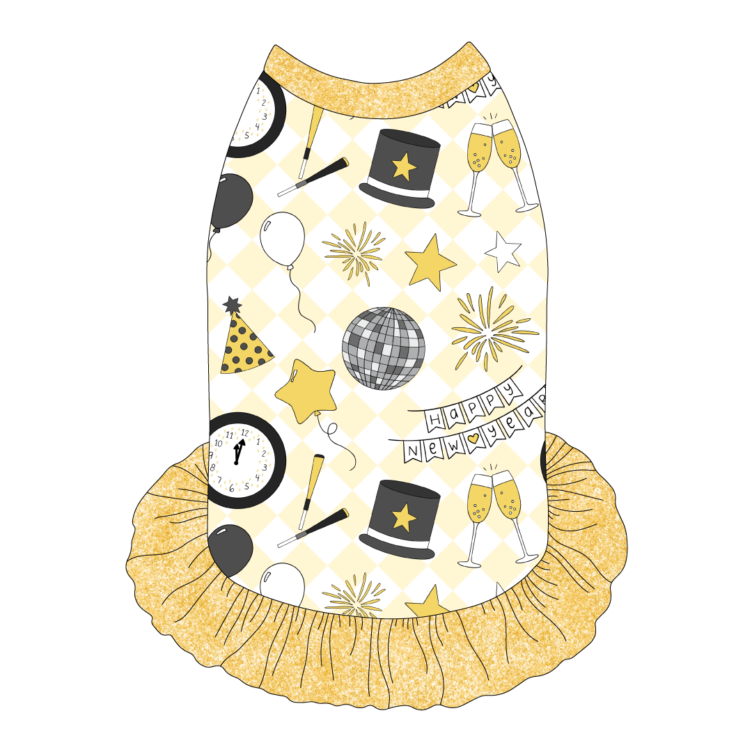 Dress style tank with a girly ruffle skirt in a dog friendly pattern that shows a mirror ball, top hat, champagne toast, balloons, clock striking midnight, banner reading Happy New Year and more on a light gold and white diamond background.  It's complete with gold sparkle trim on the neck, shoulders and ruffles.