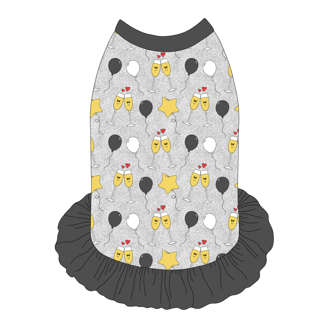 Dress style tank with a girly ruffle skirt in a dog friendly pattern that shows two happy champagne glasses making a toast with hearts overhead, gold star balloons and traditional balloons in white and gray on a silver sparkle background.  It's complete with gray trim on the neck, shoulders and ruffles.