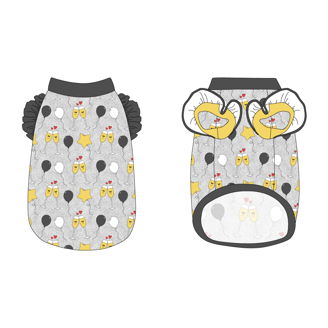 Tank with ruffle accents on the shoulders in a dog friendly pattern that shows two happy champagne glasses making a toast with hearts overhead, gold star balloons and traditional balloons in white and gray on a silver sparkle background.  It's complete with gray trim on the neck, waist and shoulder ruffles, as well as a coordinating trim under the shoulder ruffles in gold.