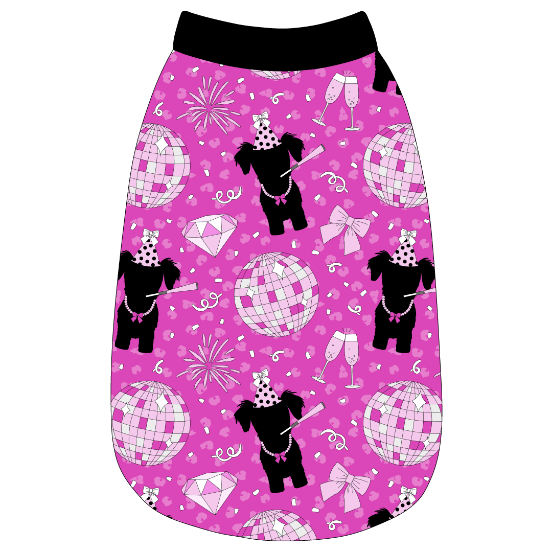 Tank in a dog friendly pattern that shows a girl dog with hat and necklace, along with a mirror ball, champagne glasses, fireworks and confetti on a magenta cheetah print background. It's complete with black trim on the neck, waist and shoulders.