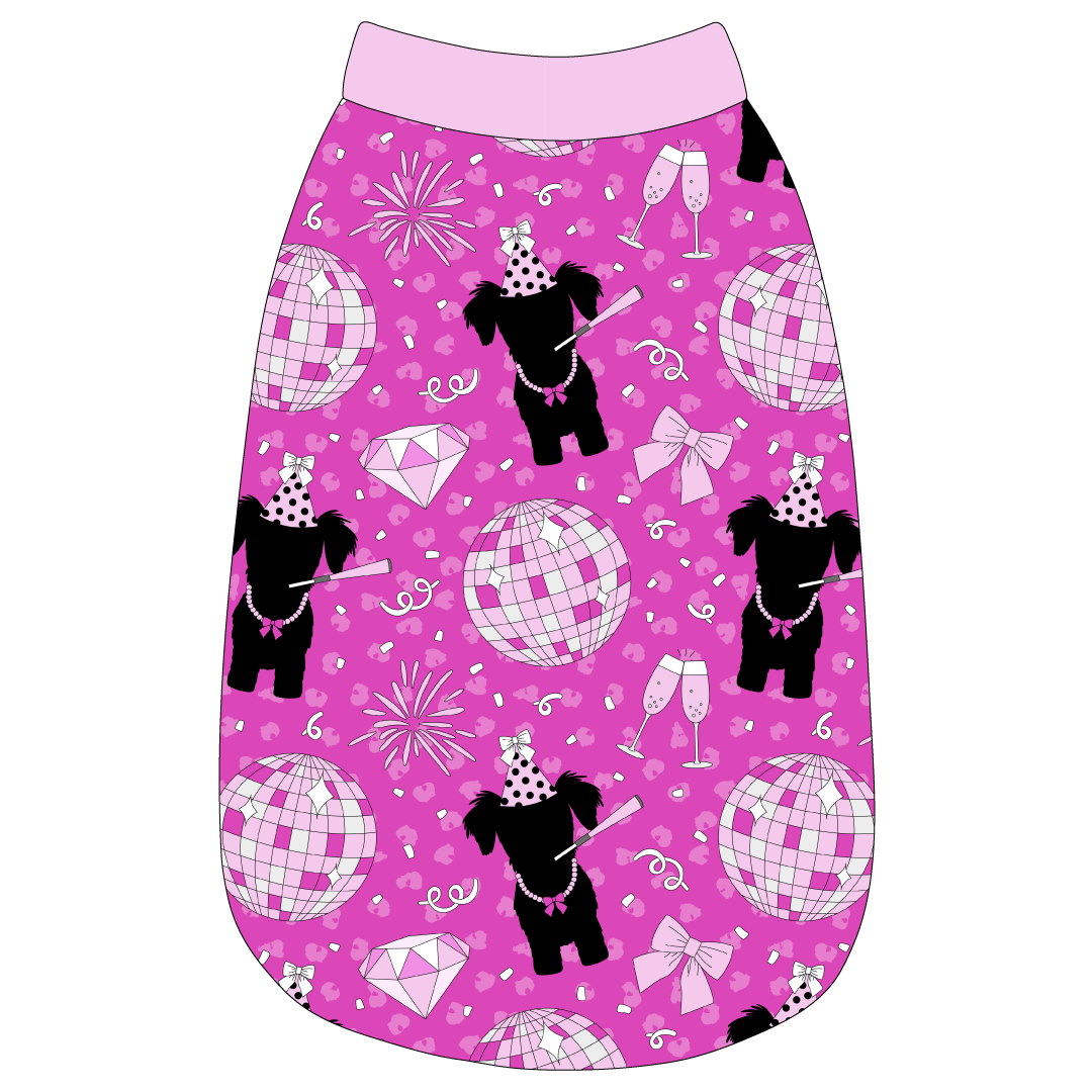 Tank in a dog friendly pattern that shows a girl dog with hat and necklace, along with a mirror ball, champagne glasses, fireworks and confetti on a magenta cheetah print background. It's complete with light pink trim on the neck, waist and shoulders.