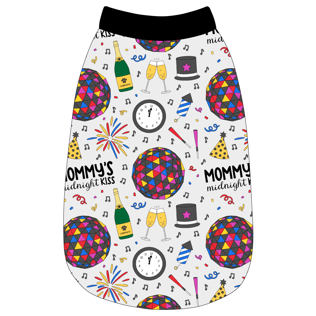 Tank in a dog friendly pattern that shows a multi-colored New Years ball, the words Mommy's Midnight Kiss, a clock, champagne bottle and champagne toast, fireworks, confetti and more on a white background.  It's complete with black trim on the neck, waist and shoulders.