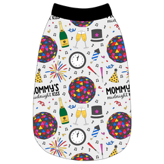 Tank in a dog friendly pattern that shows a multi-colored New Years ball, the words Mommy's Midnight Kiss, a clock, champagne bottle and champagne toast, fireworks, confetti and more on a white background.  It's complete with black trim on the neck, waist and shoulders.