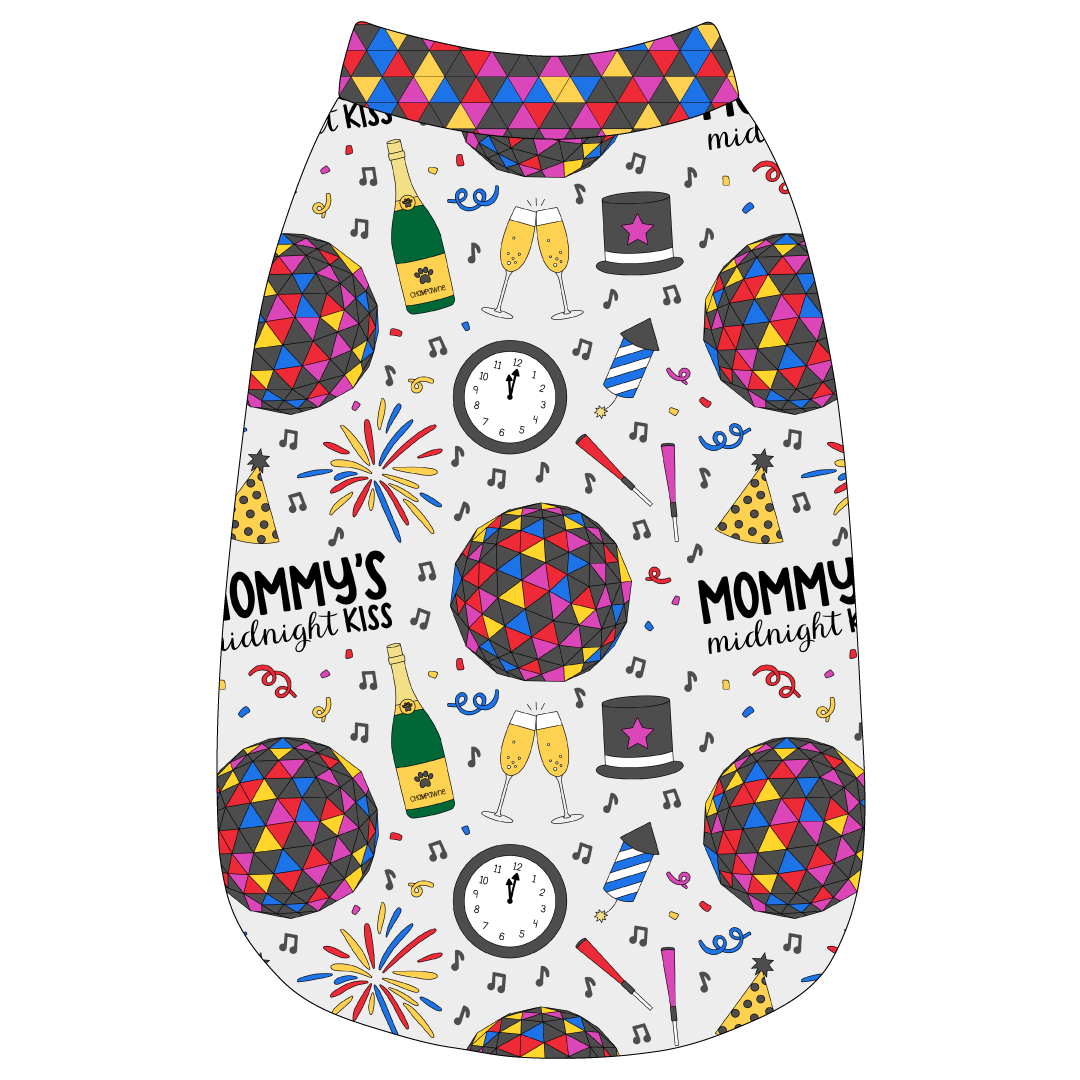 Tank in a dog friendly pattern that shows a multi-colored New Years ball, the words Mommy's Midnight Kiss, a clock, champagne bottle and champagne toast, fireworks, confetti and more on a white background.  It's complete with NYE Ball trim on the neck, waist and shoulders.