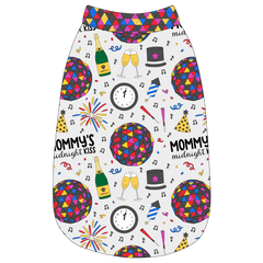 Tank in a dog friendly pattern that shows a multi-colored New Years ball, the words Mommy's Midnight Kiss, a clock, champagne bottle and champagne toast, fireworks, confetti and more on a white background.  It's complete with NYE Ball trim on the neck, waist and shoulders.