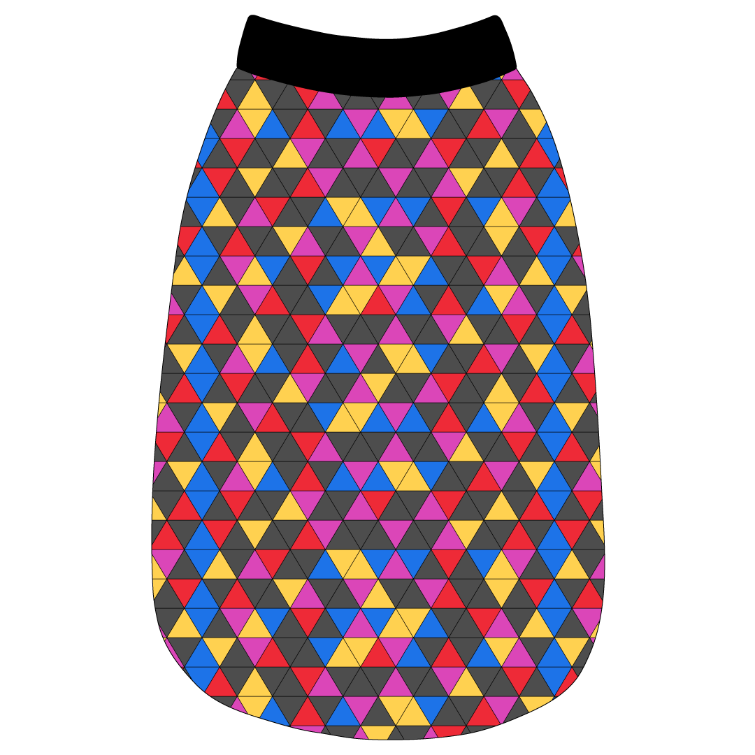 Tank in a dog friendly pattern that shows a colorful geometric design that looks like the New Years Eve ball that drops in Times Square. It's complete with black trim on the neck, waist and shoulders.