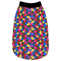 Tank in a dog friendly pattern that shows a colorful geometric design that looks like the New Years Eve ball that drops in Times Square. It's complete with black trim on the neck, waist and shoulders.