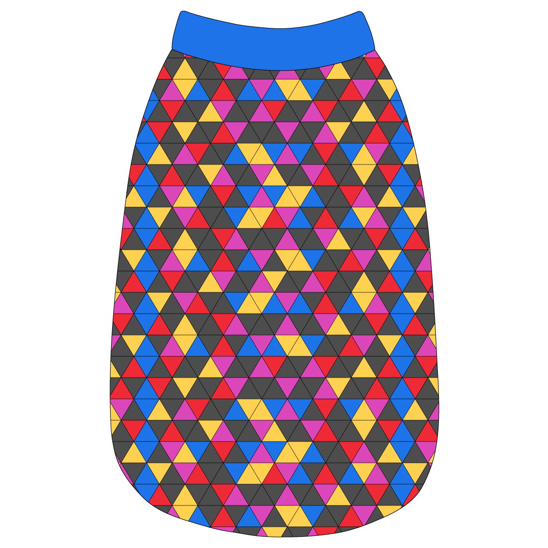 Tank in a dog friendly pattern that shows a colorful geometric design that looks like the New Years Eve ball that drops in Times Square. It's complete with blue trim on the neck, waist and shoulders.